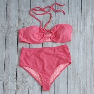 NWT Dippin' Daisy's Bikini Set Ribbed Texture Coral High Waist High Cut Size Med